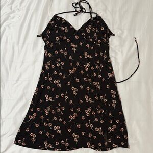 Vintage Y2K Halter Open Back Floral Black Mini Dress Size Large